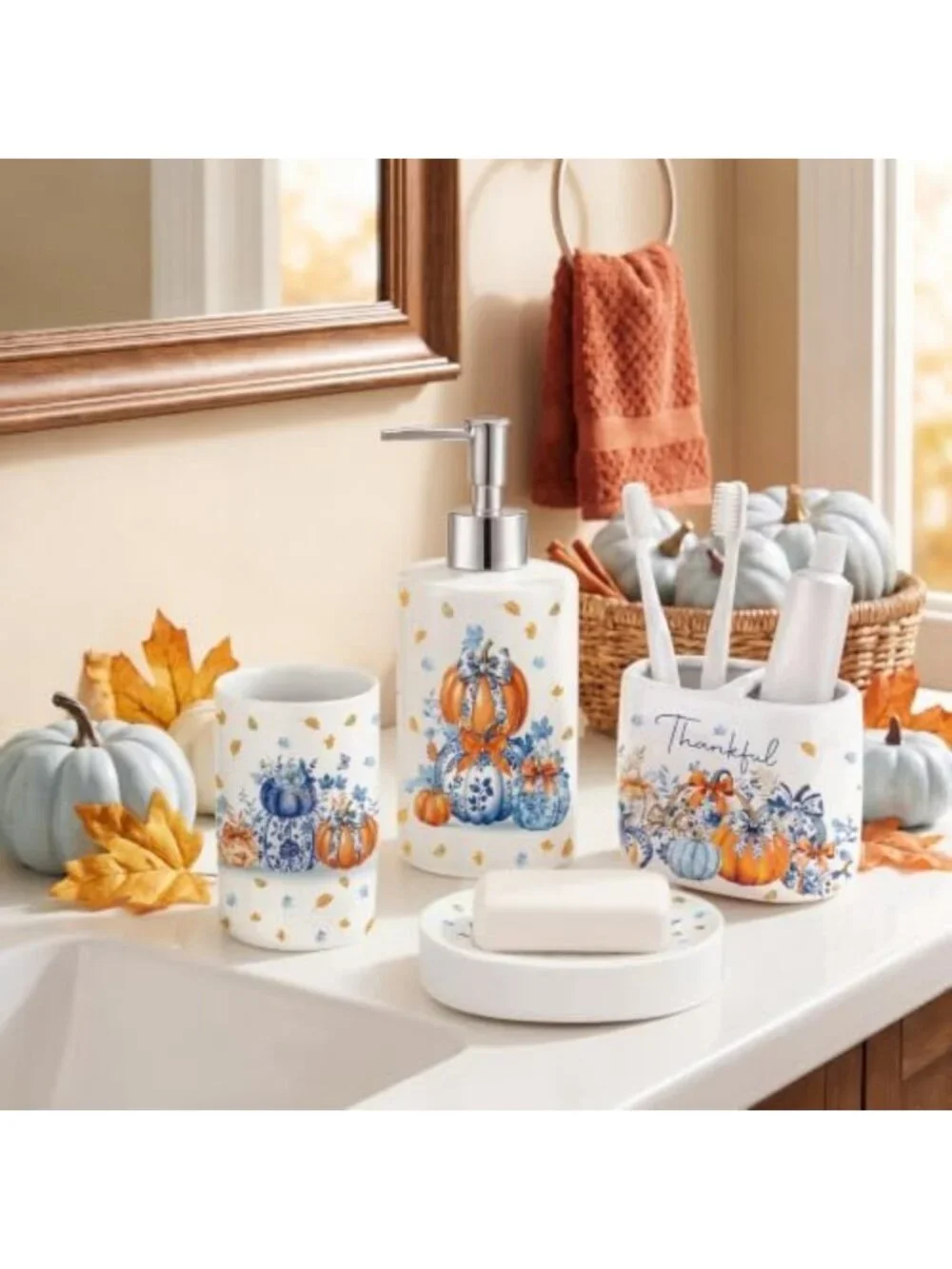 4-Piece Fall Ceramic Bathroom Set - Blue & White Pumpkin Decor, Soap Dispenser